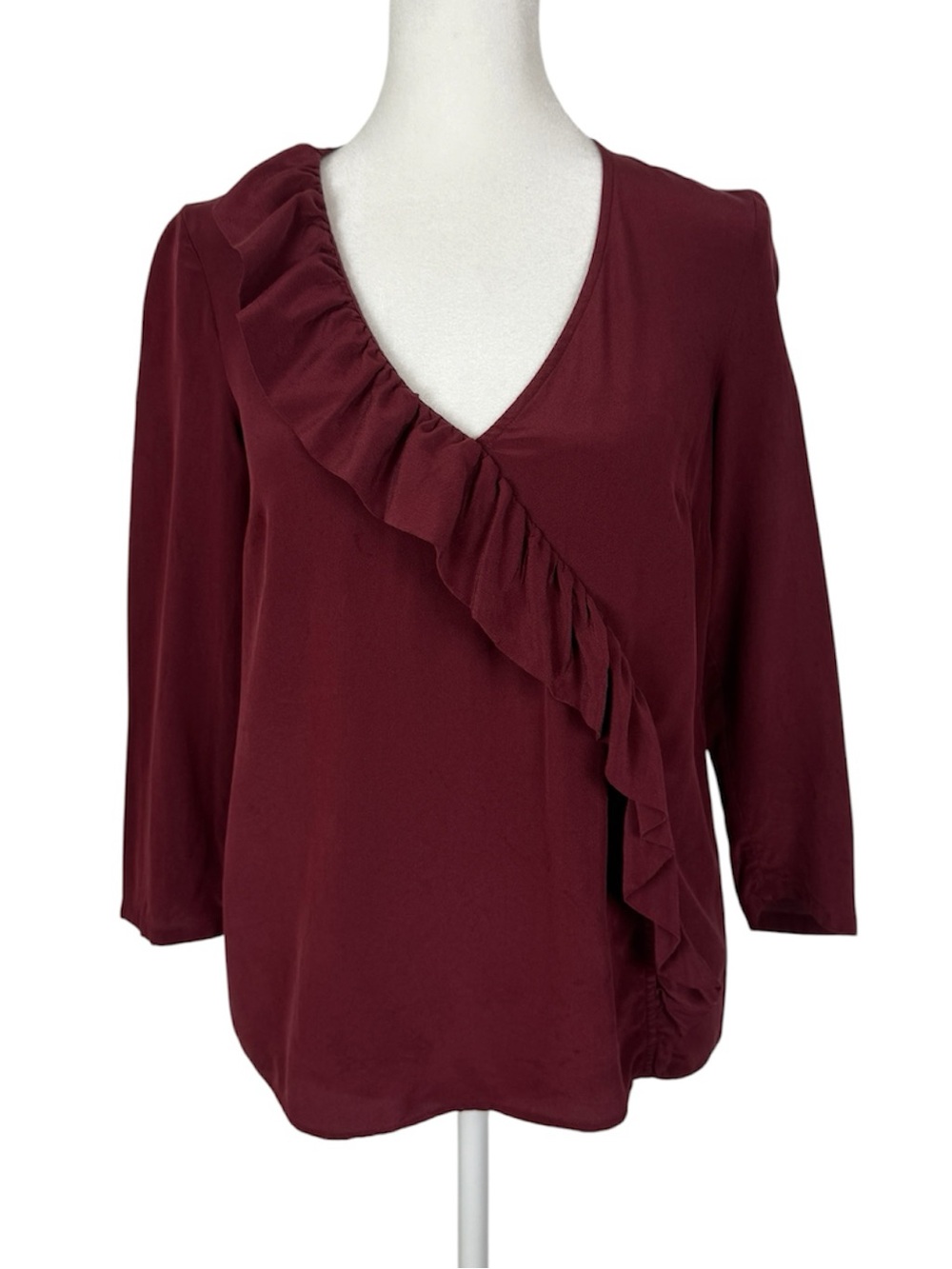 Sezane 100% silk burgundy ruffle blouse size 34 or US 2